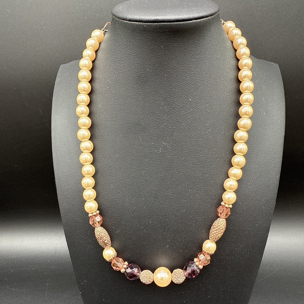 1928 Jewelry Faux Pearl Beaded Necklace Rose Gold‎ Tone Purple Amber 18.5 Inch